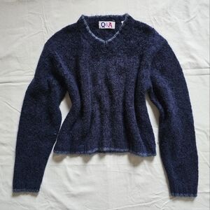 Vintage Q&A mohair blend oversized fuzzy navy v-neck preppy cropped sweater l